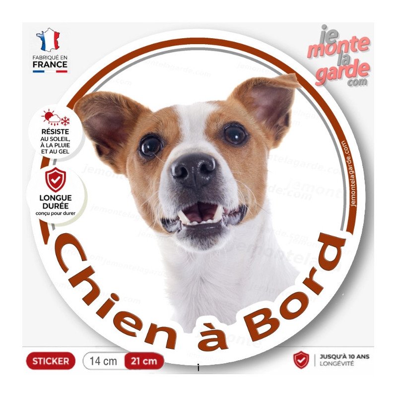 Jack Russell Terrier blanc avec tâches fauve, sticker autocollant rond "Chien à Bord" adhésif voiture photo, résiste dehors