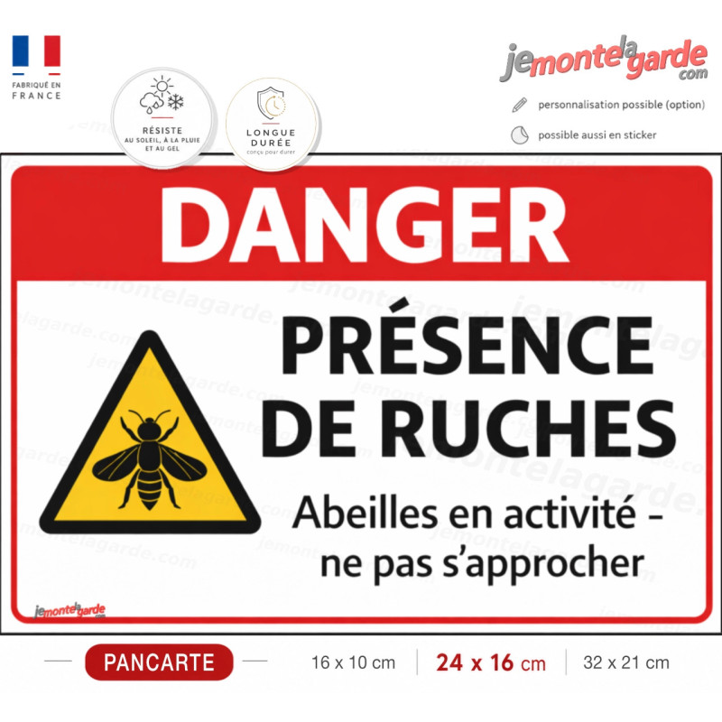 Pancarte Danger présence de ruches abeilles en activité apiculteur miellerie ferme pédagogique exploitation agricole