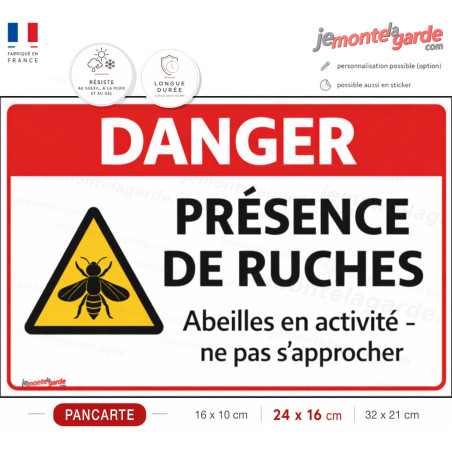 Pancarte Danger présence de ruches abeilles en activité apiculteur miellerie ferme pédagogique exploitation agricole
