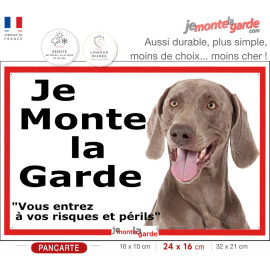 Braque de Weimar, plaque portail ECO "Je Monte la Garde, risques périls" panneau simple, pas cher mais durable