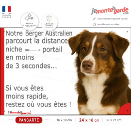 Berger Australien Tricolore marron chocolat, plaque Portail humour "distance niche-portail 3 secondes" photo, résiste dehors