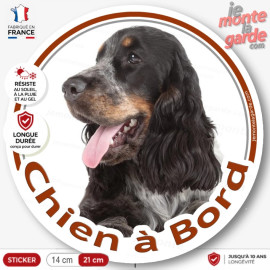 Cocker Anglais Spaniel tricolore bleu roan et feu, sticker autocollant rond "Chien à Bord" Disque photo adhésif vitre voiture
