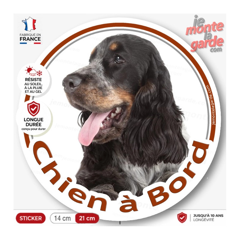 Cocker Anglais Spaniel tricolore bleu roan et feu, sticker autocollant rond "Chien à Bord" Disque photo adhésif vitre voiture Cocker Anglais Spaniel tricolore bleu roan et feu, sticker autocollant rond "Chien à Bord" Disque photo adhésif vitre voiture