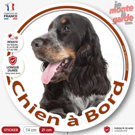 Cocker Anglais Spaniel tricolore bleu roan et feu, sticker autocollant rond "Chien à Bord" Disque photo adhésif vitre voiture