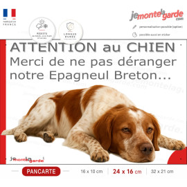 Plaque portail humour extérieur "Attention au Chien, Merci de ne pas déranger notre Epagneul Breton orange" Photo drôle fatigué