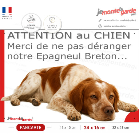 Plaque portail humour extérieur "Attention au Chien, Merci de ne pas déranger notre Epagneul Breton orange" Photo drôle fatigué