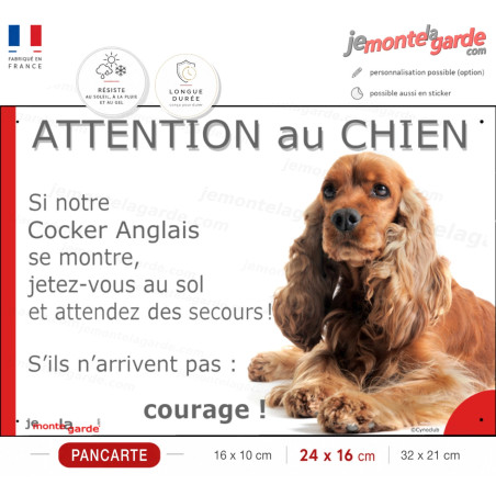 Cocker Anglais Golden, plaque portail humour "Attention au Chien, Jetez Vous au Sol, attendez secours, courage" résiste dehors