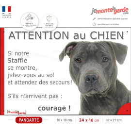 Staffie gris bleu, plaque portail humour "Jetez Vous au Sol, Attention au Chien, courage" photo, résiste dehors