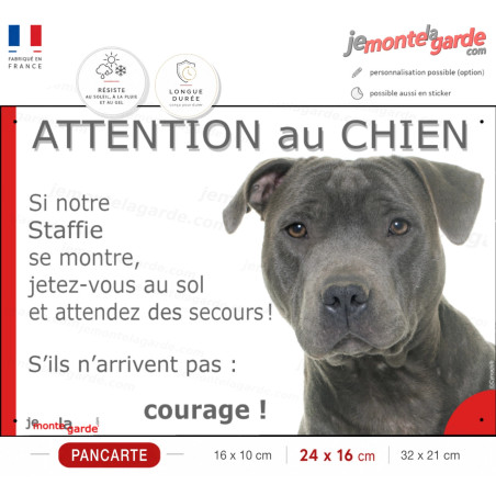 Staffie gris bleu, plaque portail humour "Jetez Vous au Sol, Attention au Chien, courage" photo, résiste dehors