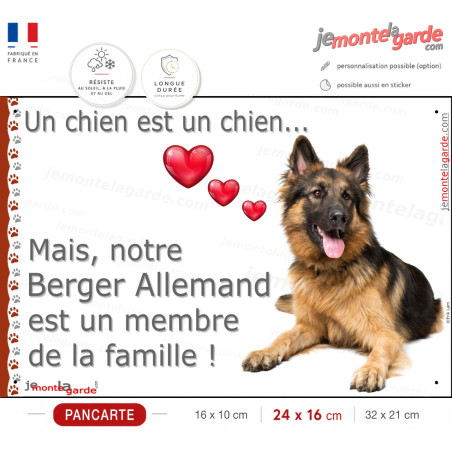 Berger Allemand Poils Longs couché, plaque Attention "un chien est membre famille" photo idée cadeau, résiste dehors