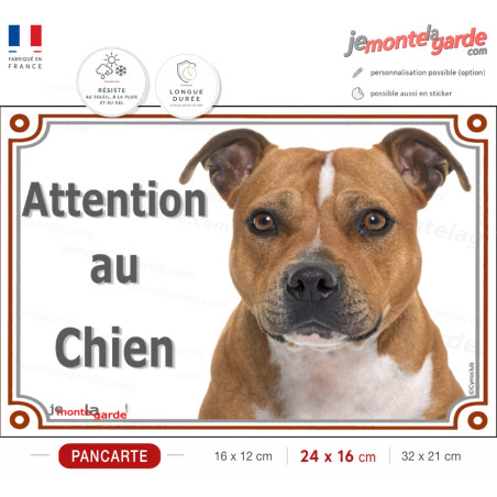 Staffie Fauve lisse blanche, plaque portail "Attention au Chien" photo, résiste pluie soleil gel, idée cadeau