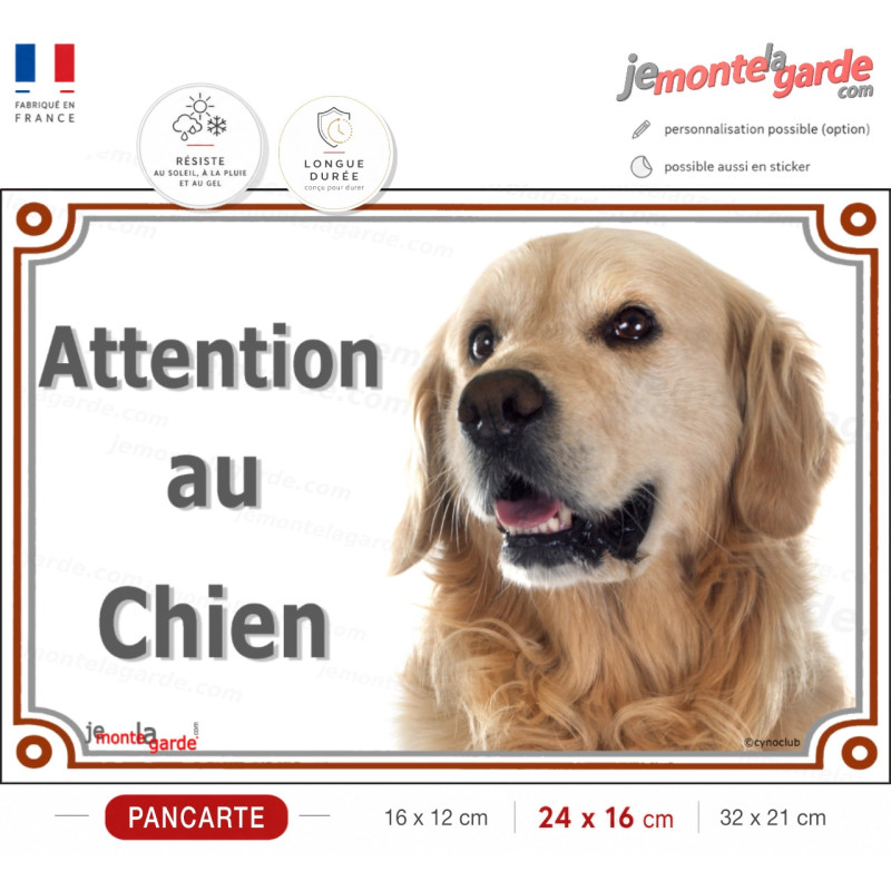 Golden Retriever tête, plaque portail "Attention au Chien" photo entrée rue race porte, résiste dehors, fabriqué en France