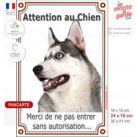 Husky Gris, Plaque Portail verticale "Attention au Chien, pas sans autorisation" photo, résiste dehors, fabriqué en France