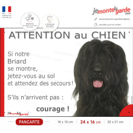 Berger de Brie noir, plaque humour "Attention au Chien, Jetez Vous au Sol, secours, courage" photo Briard, résiste dehors