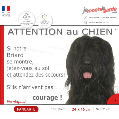 Berger de Brie noir, plaque humour "Attention au Chien, Jetez Vous au Sol, secours, courage" photo Briard, résiste dehors