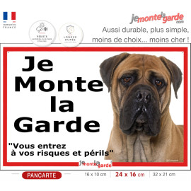 Bullmastiff, plaque portail ECO "Je Monte la Garde, risques périls" panneau simple, pas cher mais durable, résiste dehors