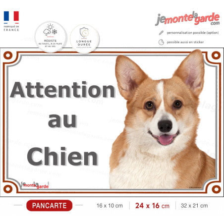 Welsh Corgi Pembroke fauve rouge et blanc, plaque portail "Attention au Chien" photo résiste dehors, idée cadeau