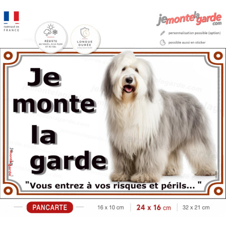 Bobtail, plaque portail "Je Monte la Garde, vous entrez à vos risques et périls" photo, résiste pluie soleil gel, idée cadeau