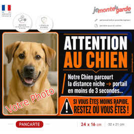 Photo Personnalisable, plaque humour "Attention au Chien, parcourt distance Niche-Portail moins 3 secondes, rapide" votre photo