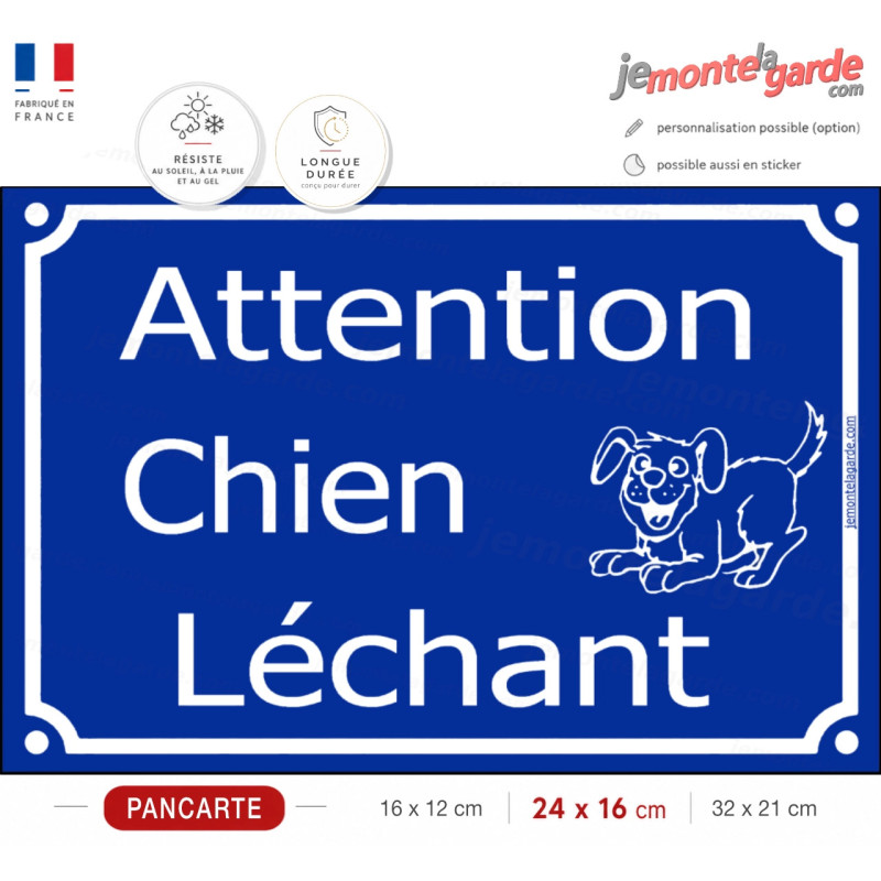 Pancarte portail extérieur drôle bleue "Attention, chien Léchant" plaque rue, résiste pluie soleil gel, idée cadeau