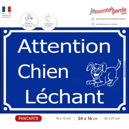 Pancarte portail extérieur drôle bleue "Attention, chien Léchant" plaque rue, résiste pluie soleil gel, idée cadeau