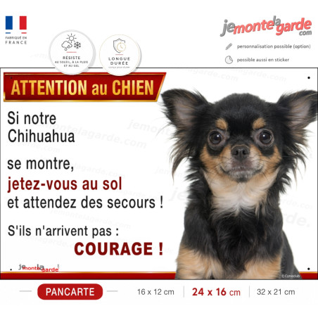 Chihuahua noir et feu poils longs, plaque portail humour "Attention au Chien, Jetez Vous au Sol, attendez secours, courage"