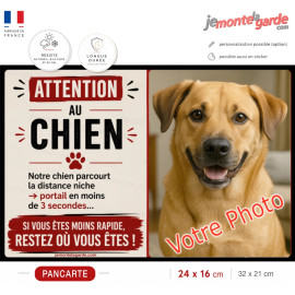 Photo Personnalisable, plaque humour "Attention au Chien, parcourt distance Niche-Portail moins 3 secondes, rapide" votre photo