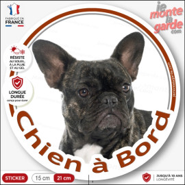 Bouledogue Français noir bringé, sticker autocollant rond "Chien à Bord" Disque photo adhésif vitre voiture, résiste dehors