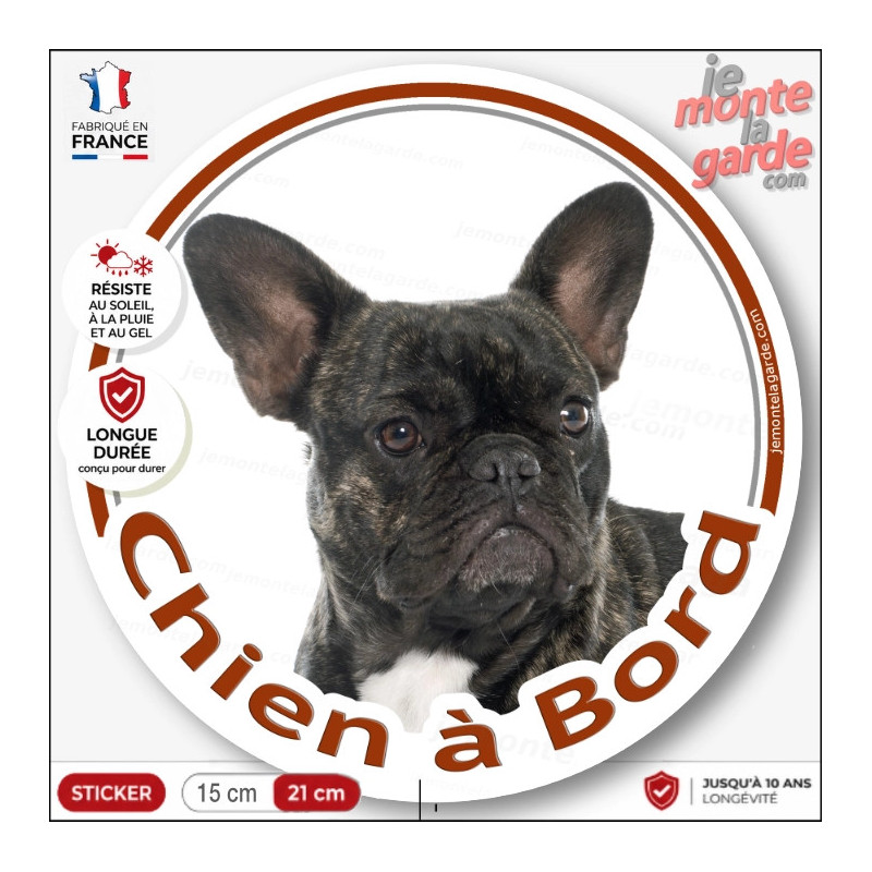 Bouledogue Français noir bringé, sticker autocollant rond "Chien à Bord" Disque photo adhésif vitre voiture, résiste dehors