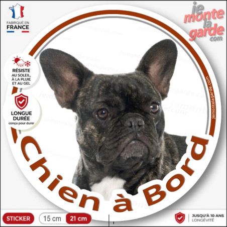 Bouledogue Français noir bringé, sticker autocollant rond "Chien à Bord" Disque photo adhésif vitre voiture, résiste dehors