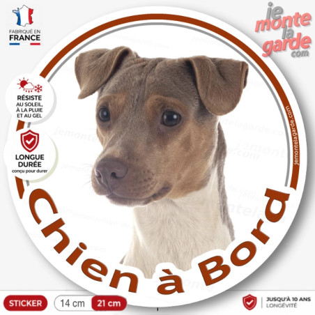 Terrier Brésilien tricolore, sticker autocollant rond "Chien à Bord" disque adhésif voiture photo, résiste dehors