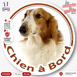 Lévrier Barzoï fauve marron et blanc, disque photo autocollant "Chien à Bord" Sticker adhésif rond vitre voiture Barzoi orange