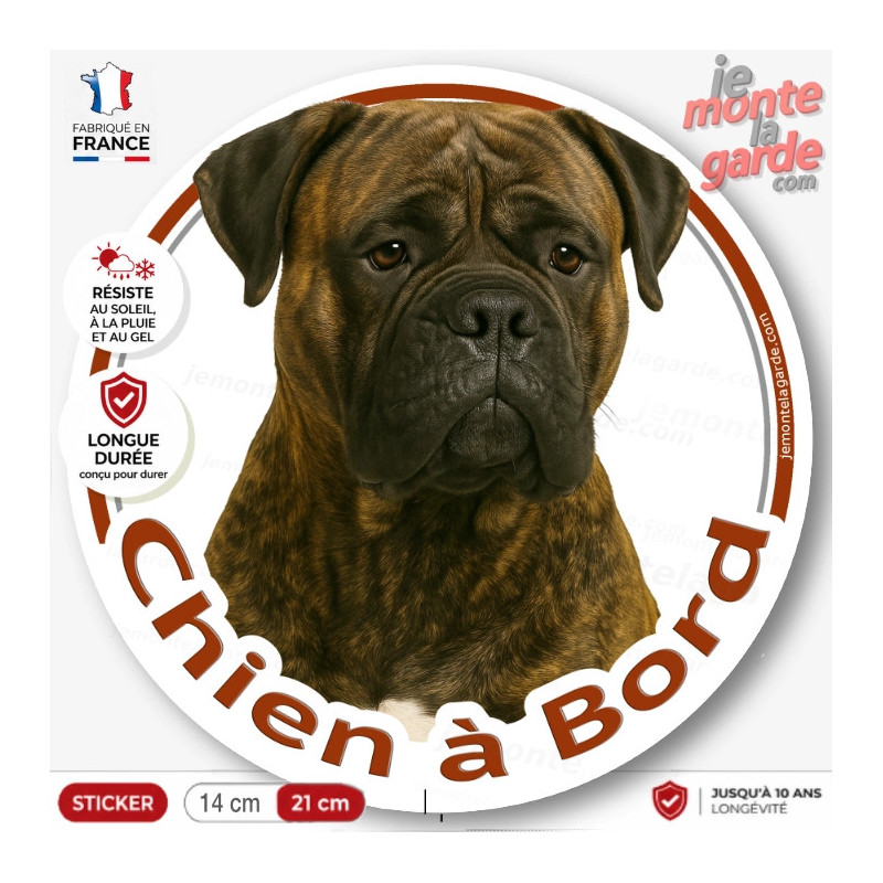 Bullmastiff bringé Tête, sticker autocollant rond "Chien à Bord" Disque photo adhésif vitre voiture bringué résiste intempéries