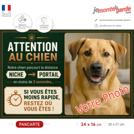 Photo Personnalisable, plaque humour "Attention au Chien, parcourt distance Niche-Portail moins 3 secondes, rapide" votre photo