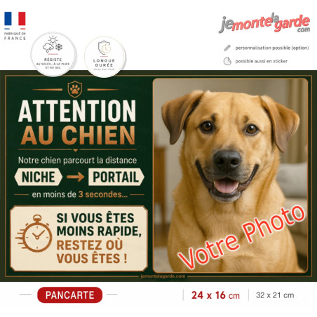 Photo Personnalisable, plaque humour "Attention au Chien, parcourt distance Niche-Portail moins 3 secondes, rapide" votre photo