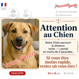 Photo Personnalisable, plaque humour "Attention au Chien, parcourt distance Niche-Portail moins 3 secondes, rapide" votre photo