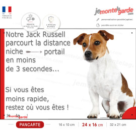 Jack Russell Terrier fauve, plaque humour "parcourt la distance Niche-Portail en moins de 3 secondes" photo, résiste dehors