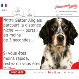 Setter Anglais tricolore, plaque humour "parcourt la distance Niche-Portail en moins 3 secondes, rapide" photo, résiste dehors