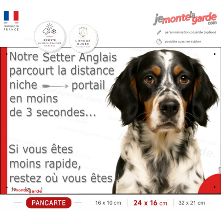 Setter Anglais tricolore, plaque humour "parcourt la distance Niche-Portail en moins 3 secondes, rapide" photo, résiste dehors