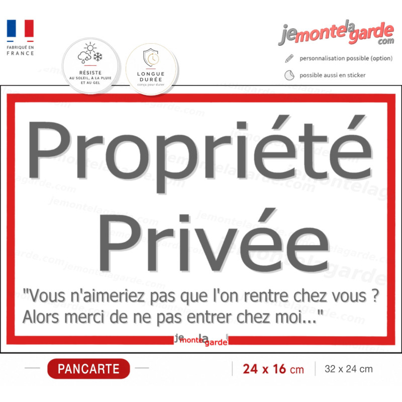 Pancarte “Propriété Privée” pour portail : message poli, 4 formats, résistante pluie, soleil et gel, fabriquée en France.