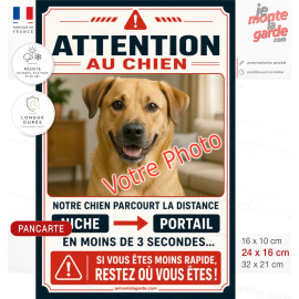 Photo Personnalisable, plaque humour verticale "Attention au Chien, parcourt distance Niche-Portail moins 3 secondes"