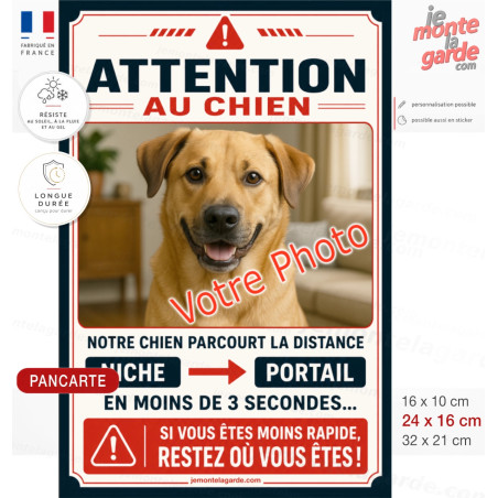 Photo Personnalisable, plaque humour verticale "Attention au Chien, parcourt distance Niche-Portail moins 3 secondes"
