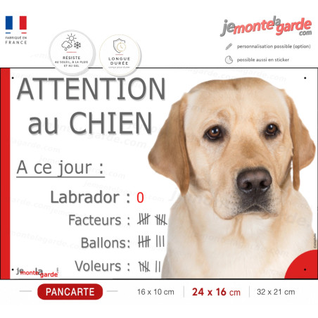 Labrador Sable, pancarte portail drôle "Attention au chien, nombre de Facteurs, Voleurs, Ballons" photo, résiste dehors