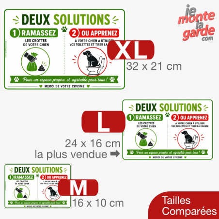Pancarte humour déjections canines "Deux solutions" pour espaces publics, 3 Tailles crottes trottoir