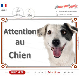 Jack Russell Terrier entièrement blanc avec coquard noir, plaque portail "Attention au Chien" photo, résiste dehors