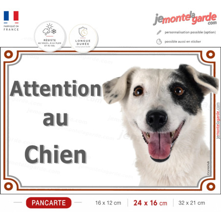 Jack Russell Terrier entièrement blanc avec coquard noir, plaque portail "Attention au Chien" photo, résiste dehors