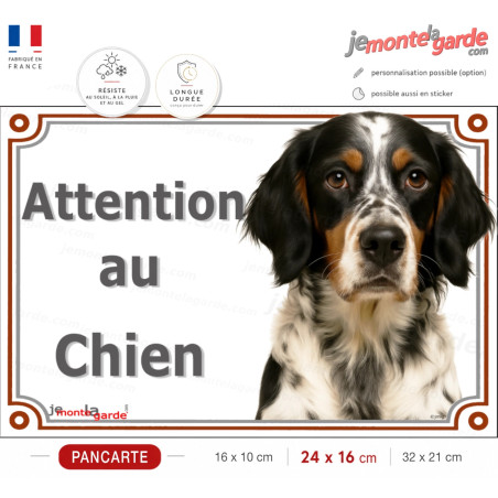 Setter Anglais tricolore, plaque portail "Je Monte la Garde, entrez à vos risques et périls" photo résiste intempéries