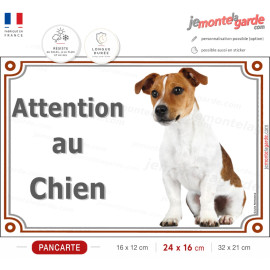 Jack Russell Blanc et Fauve, pancarte portail "Attention au Chien" photo, résiste dehors, idée cadeau
