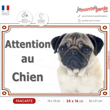 Carlin fauve Tête, plaque portail "Attention au Chien" photo race Pug, résiste dehors, idée cadeau, fabriqué en France