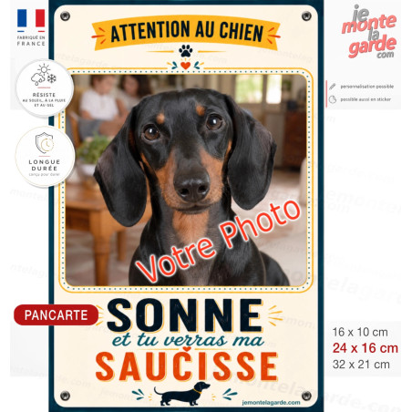 Pancarte verticale Teckel avec votre photo humour chien saucisse idéale pilier portail sonnette fabrication française